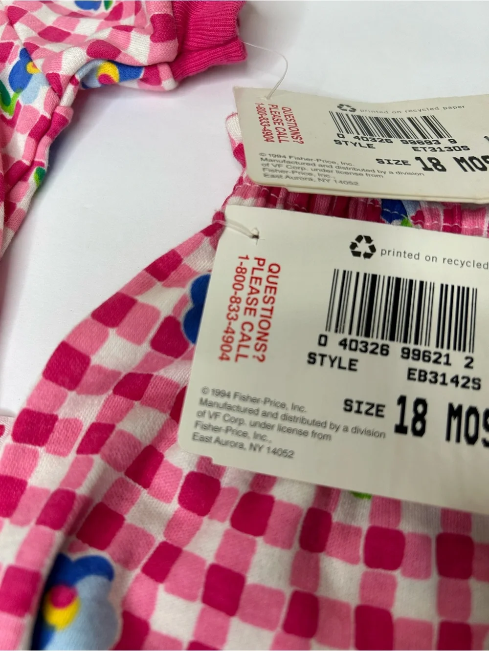 New Deadstock vintage Fisher-Price Pink Gingham Floral Baby Set 18 months